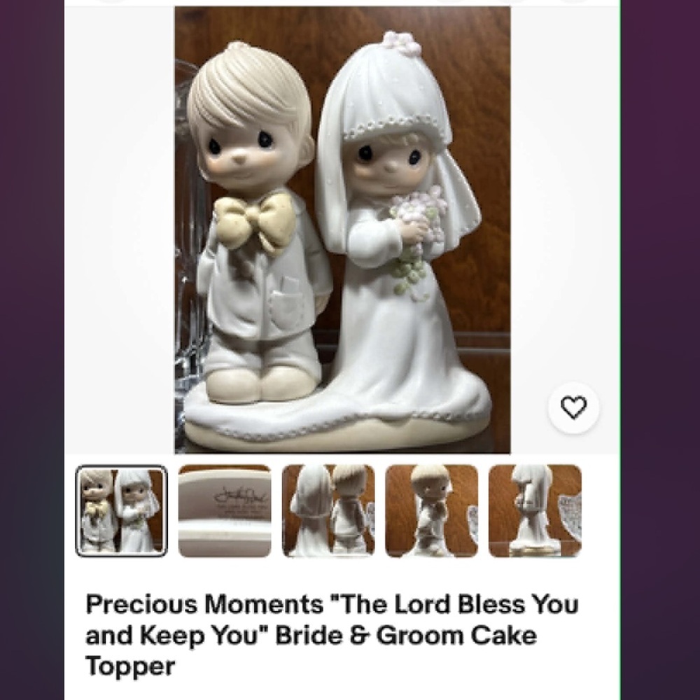 1979 vintage Precious Moments Bride & Groom Cake Topper with White Cream Accents